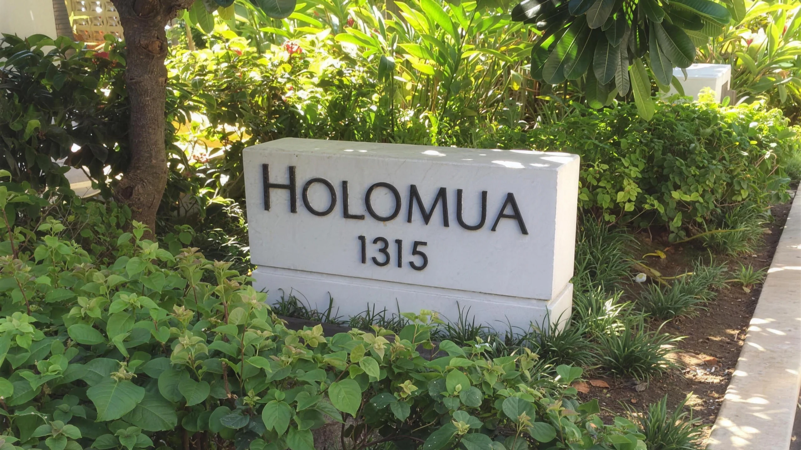 The Holomua entrance sign, a low white monument reading HOLOMUA 1315 in dark lettering, set among bougainvillea and plumeria beside the walkway into the property.