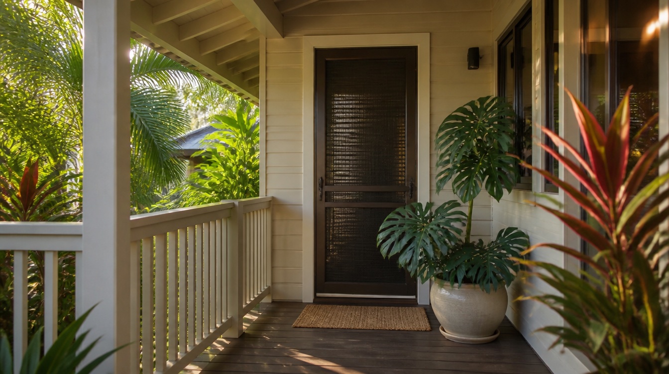 The covered front lanai and entry door of a well-kept Oʻahu rental home.