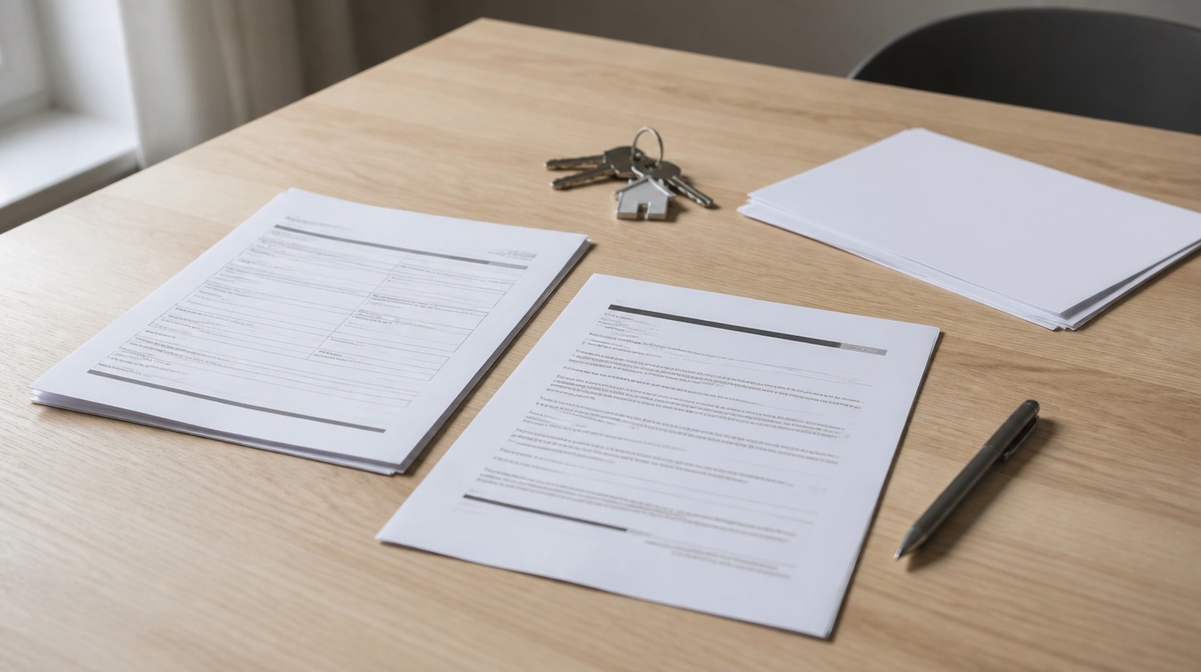 A rental application and lease document on a table beside a pen and a set of house keys.