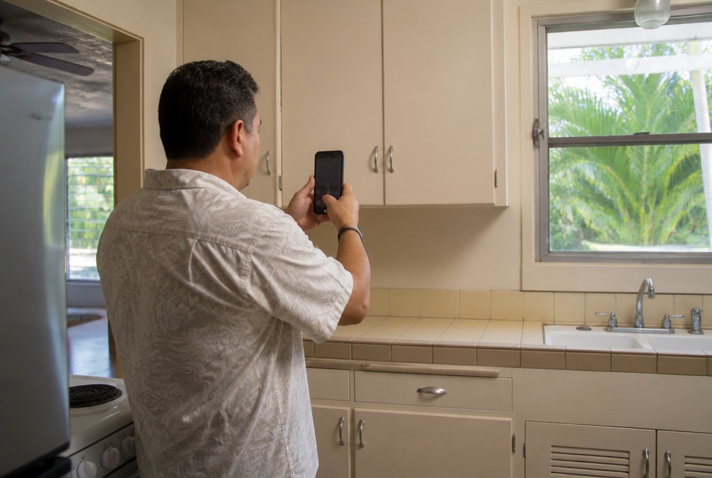 Property manager documenting the condition of an Oʻahu rental during an inspection.