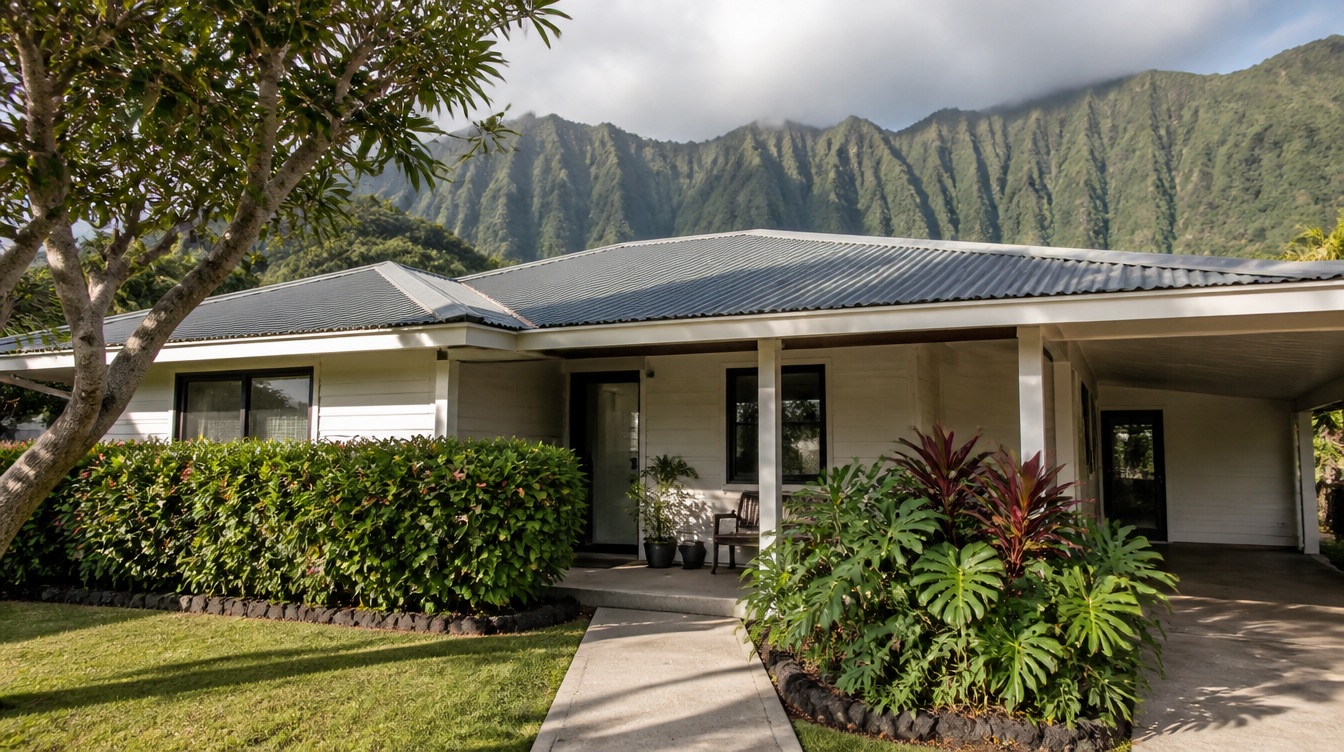 A single-story Oʻahu rental home with a carport and covered lanai, with the green Koʻolau ridge rising behind it.