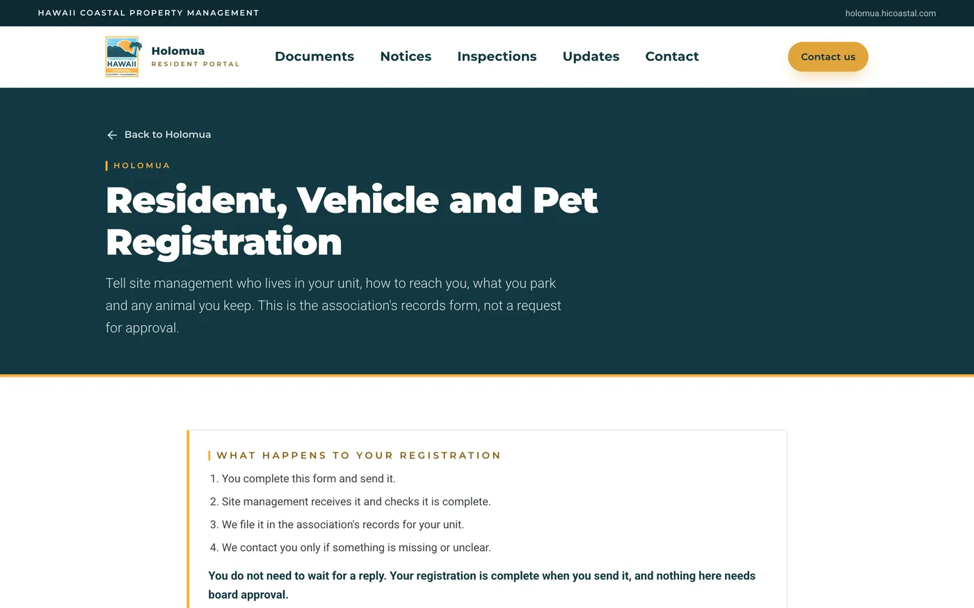 Holomua portal: resident, vehicle and pet registration, with what happens next