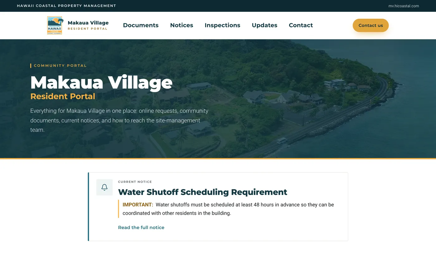 Makaua Village portal home page with the water shutoff notice