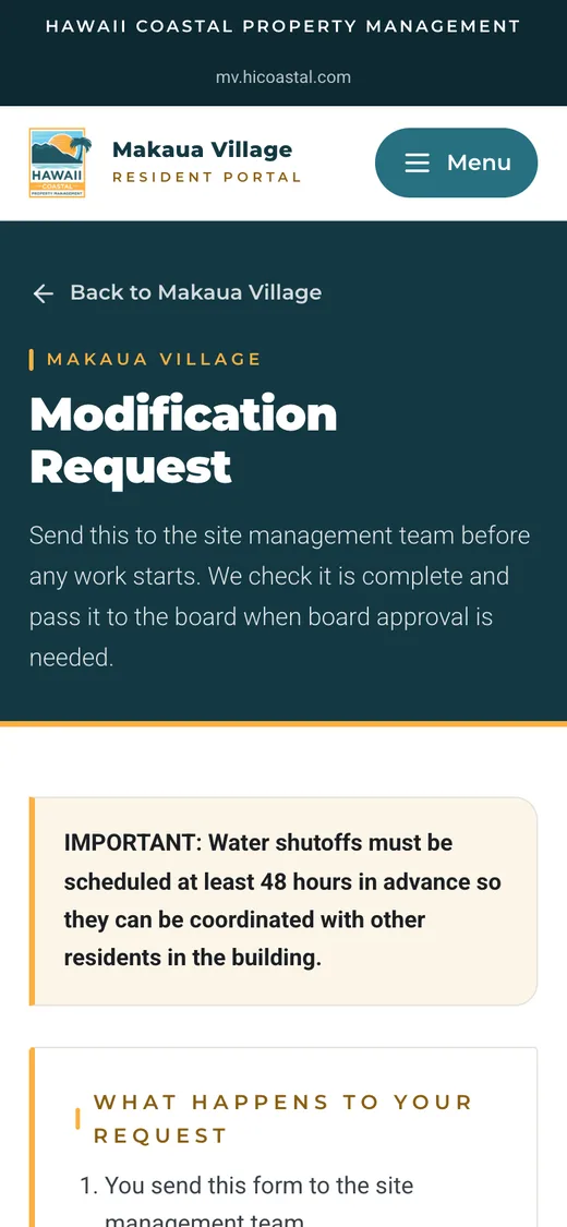 Makaua Village modification request form on a phone, explaining what happens to the request
