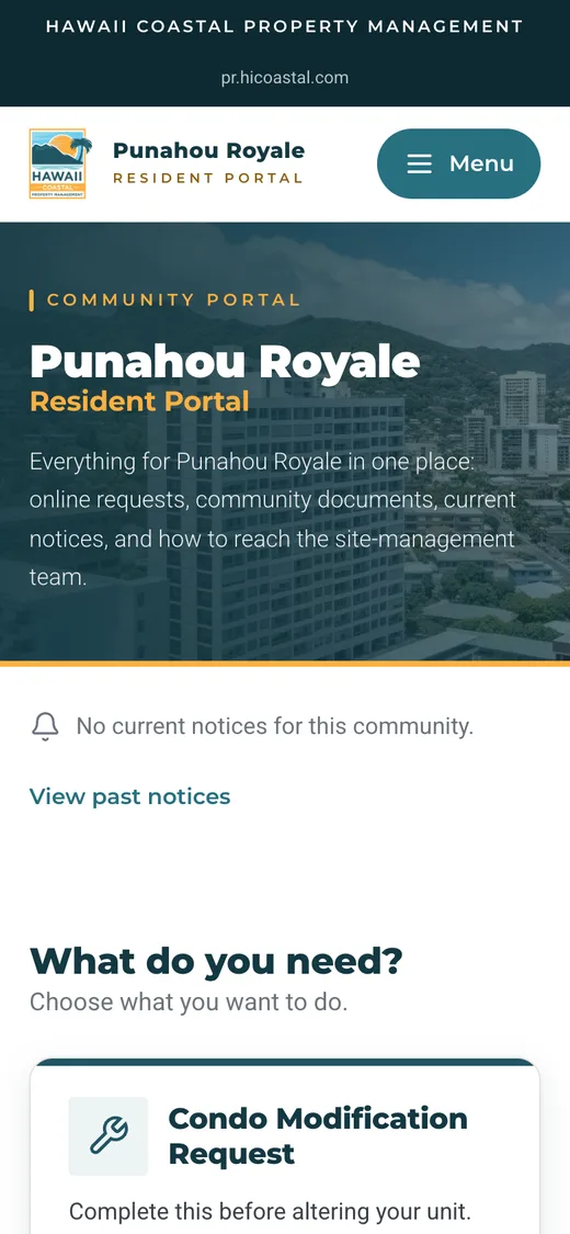 Punahou Royale portal home page on a phone
