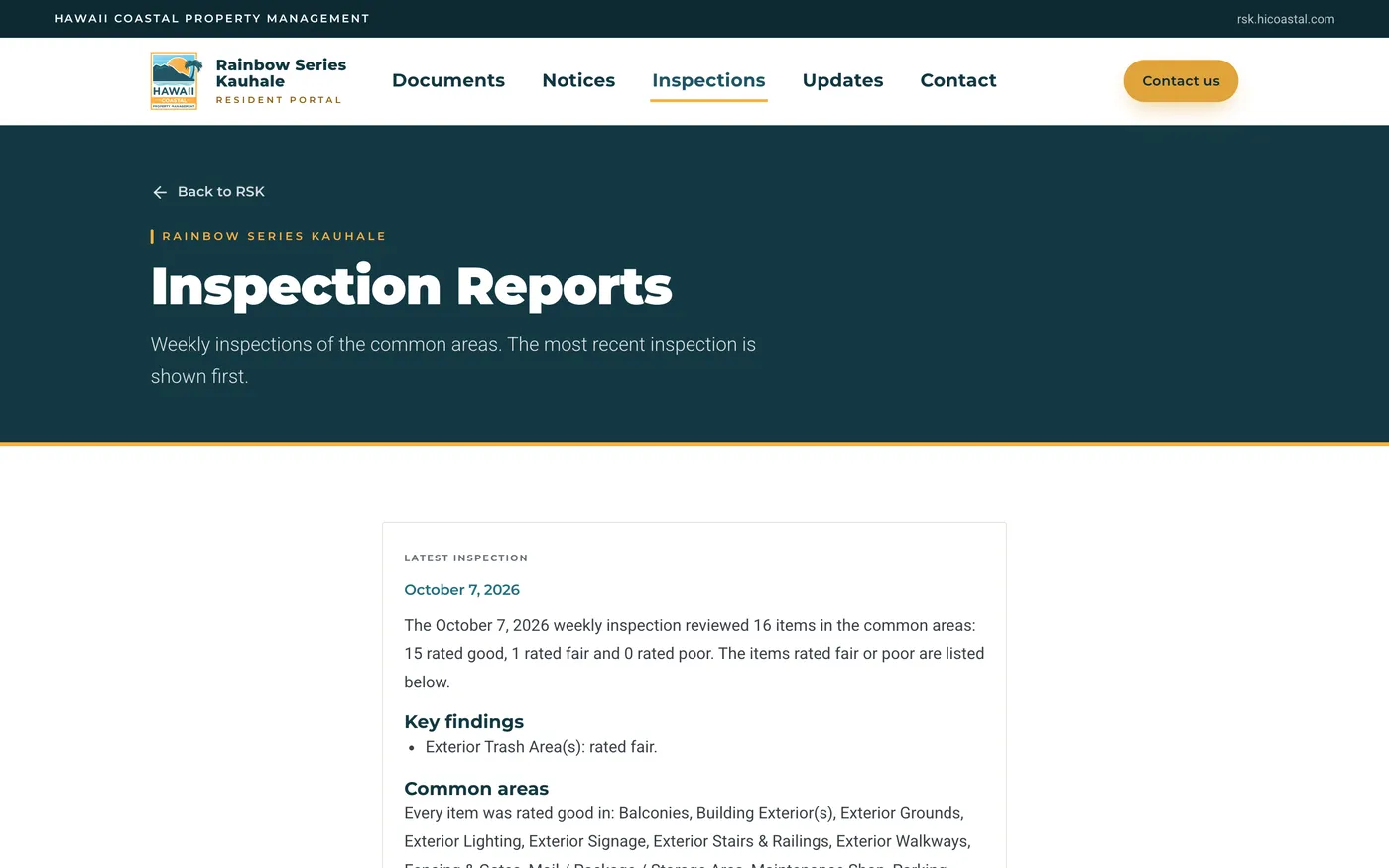 The Rainbow Series Kauhale inspection reports page, showing the October 7, 2026 weekly inspection summary