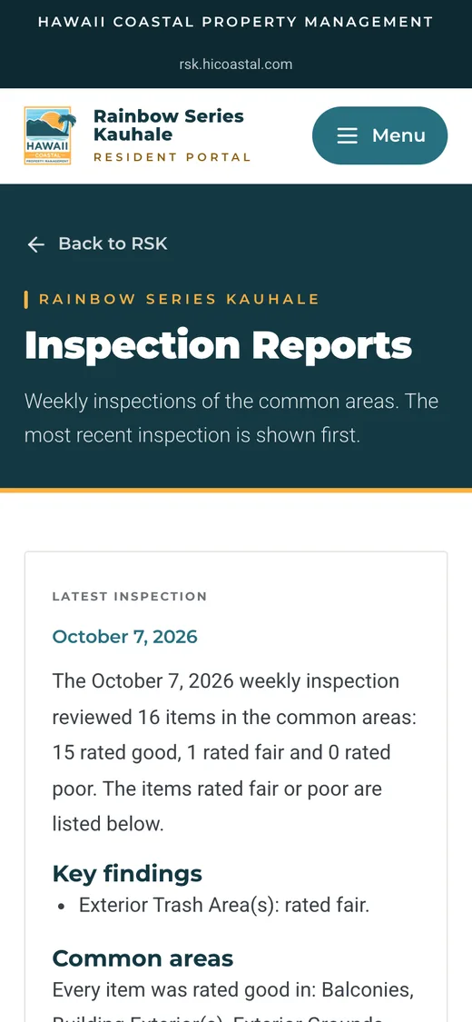 Rainbow Series Kauhale inspection reports on a phone