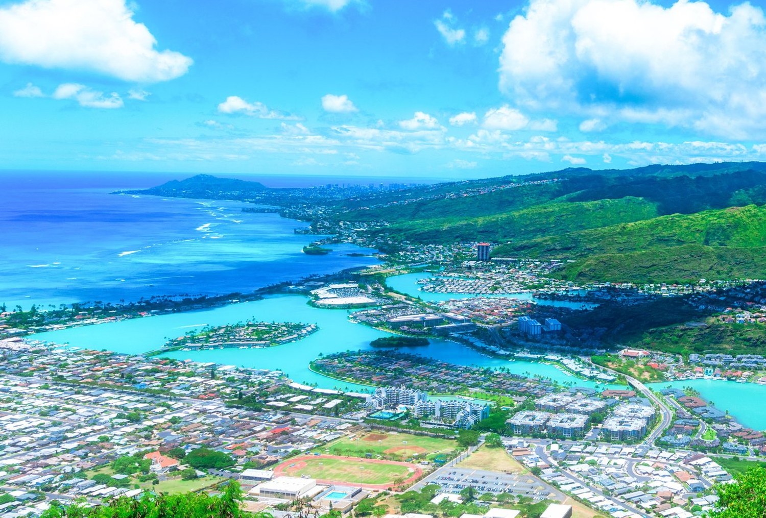 Hawaii Kai neighborhoods and marina channels looking west toward Diamond Head