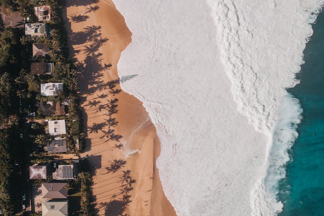 An aerial view of beachfront homes and palm trees beside heavy surf on Oahu.