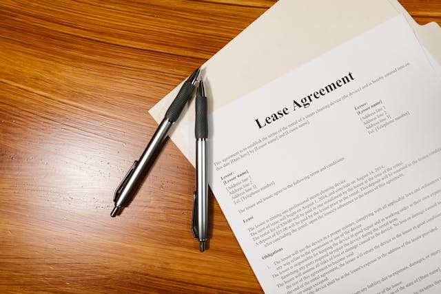 A printed lease agreement on a desk with two pens.