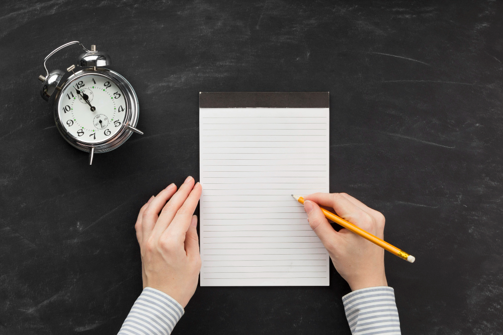 A notepad and a clock on a desk beside a pair of hands.