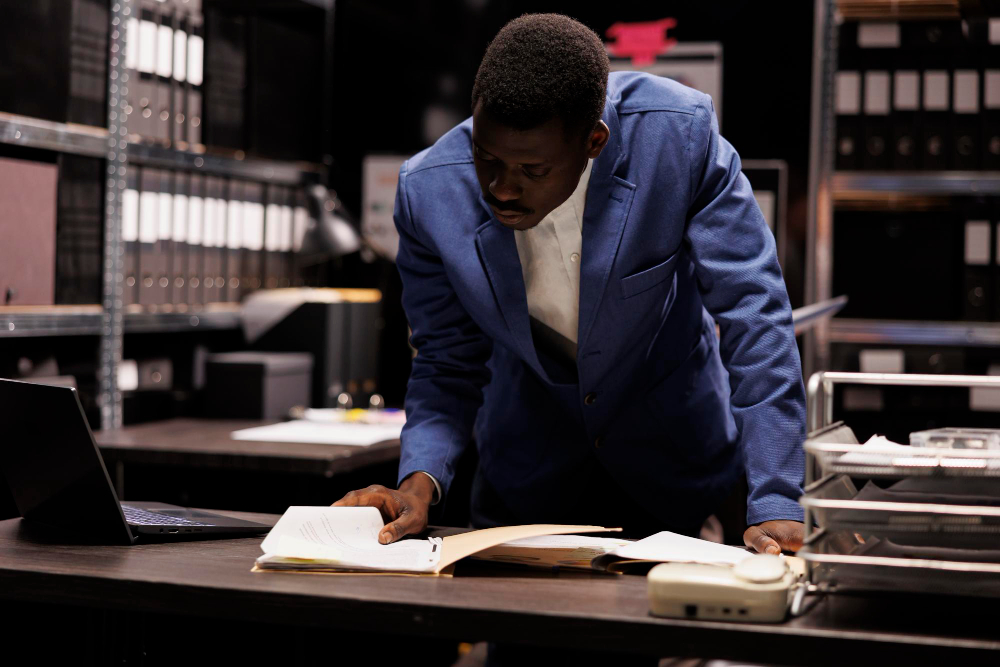 A person reading legal documents at a desk.