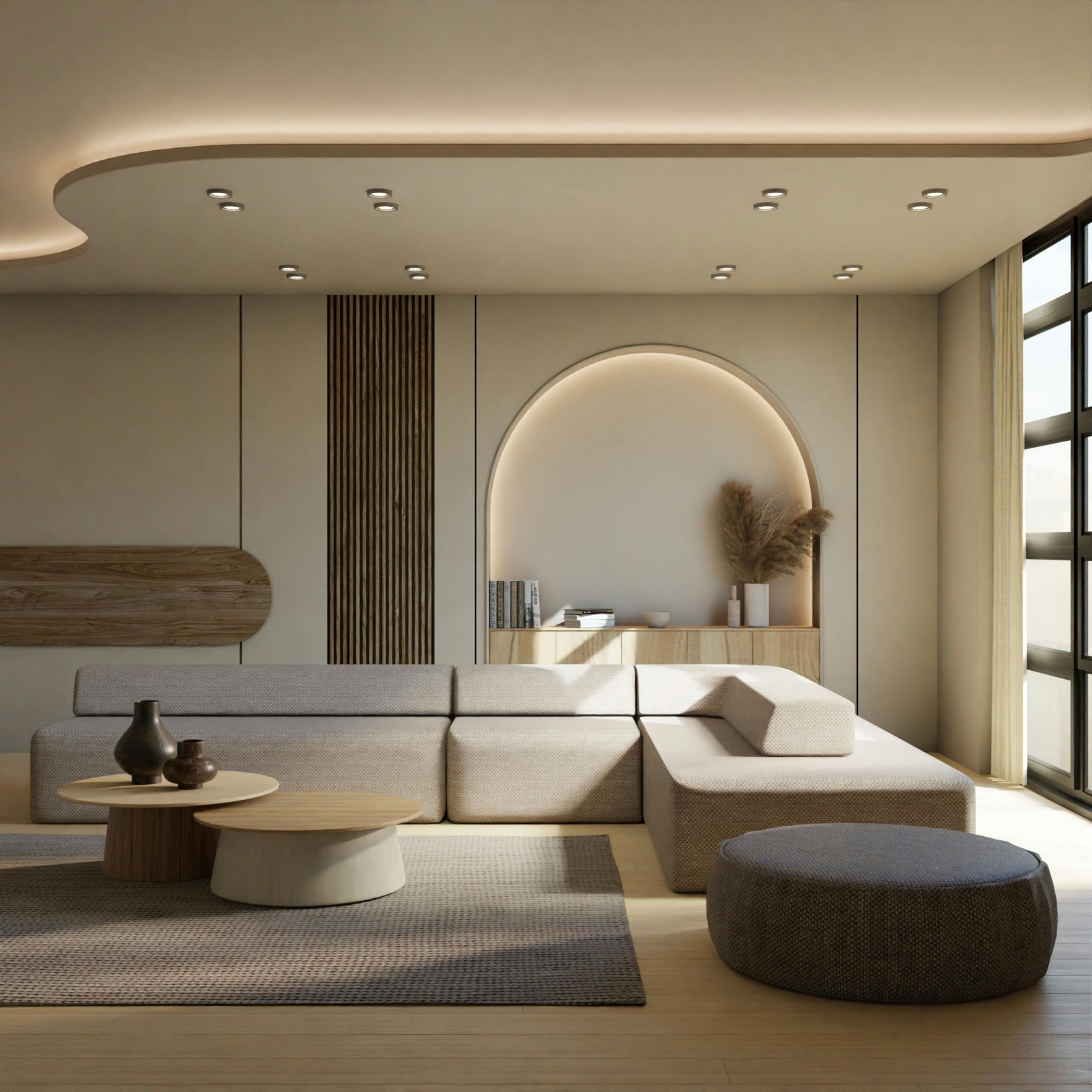 A well-maintained rental living room with neutral, modern furnishings.