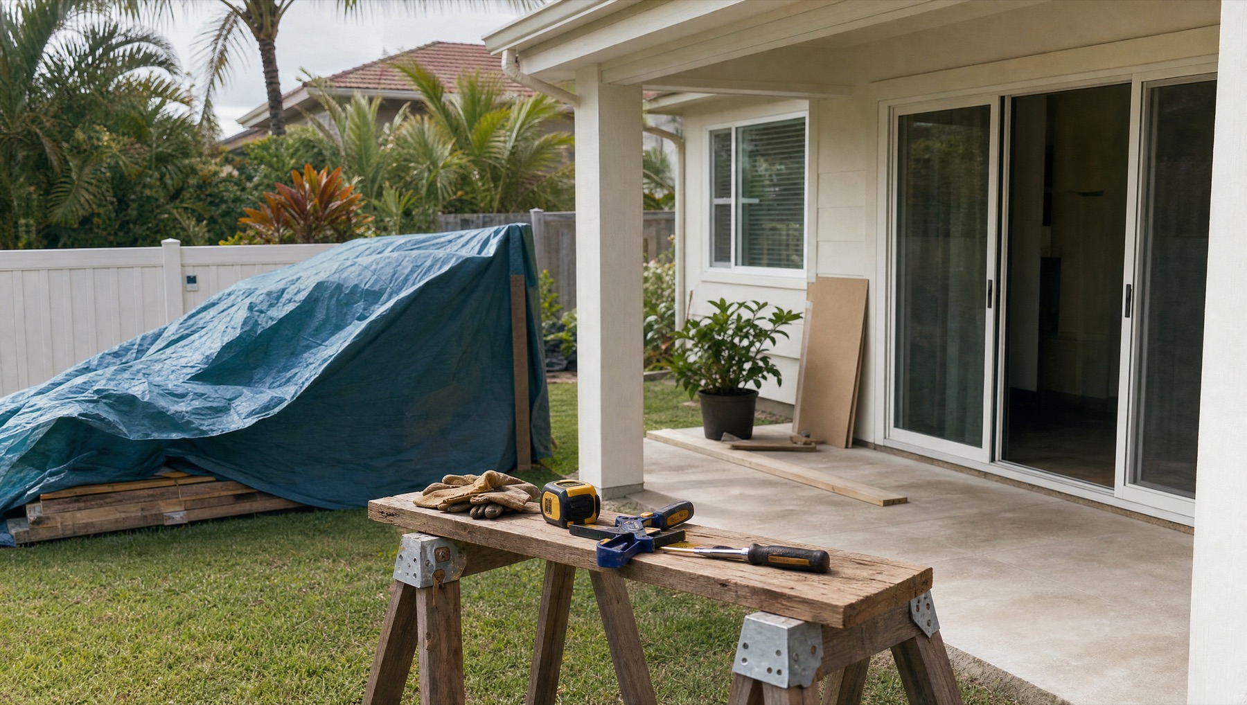A backyard project paused under a blue tarp, with a sawhorse, gloves, and tools waiting on the lanai.