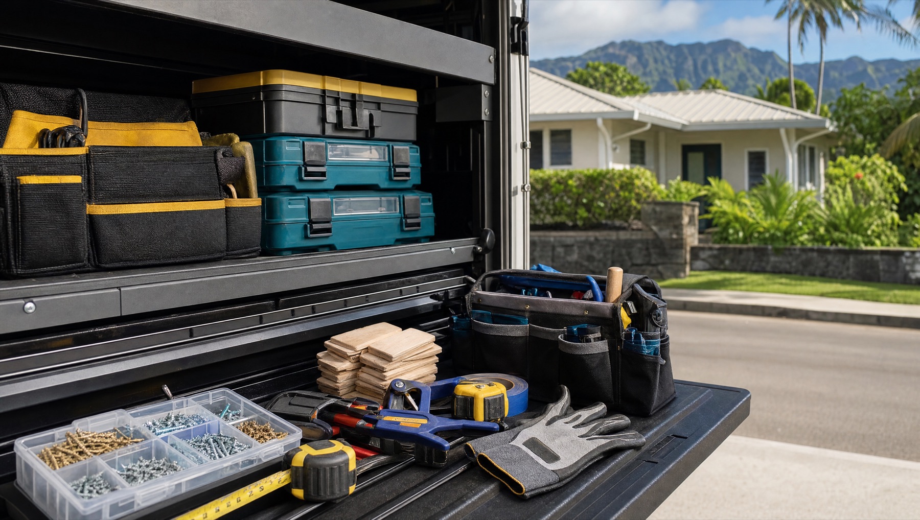 An organized work truck tailgate with stacked tool cases, fasteners sorted in bins, gloves, and a tape measure.
