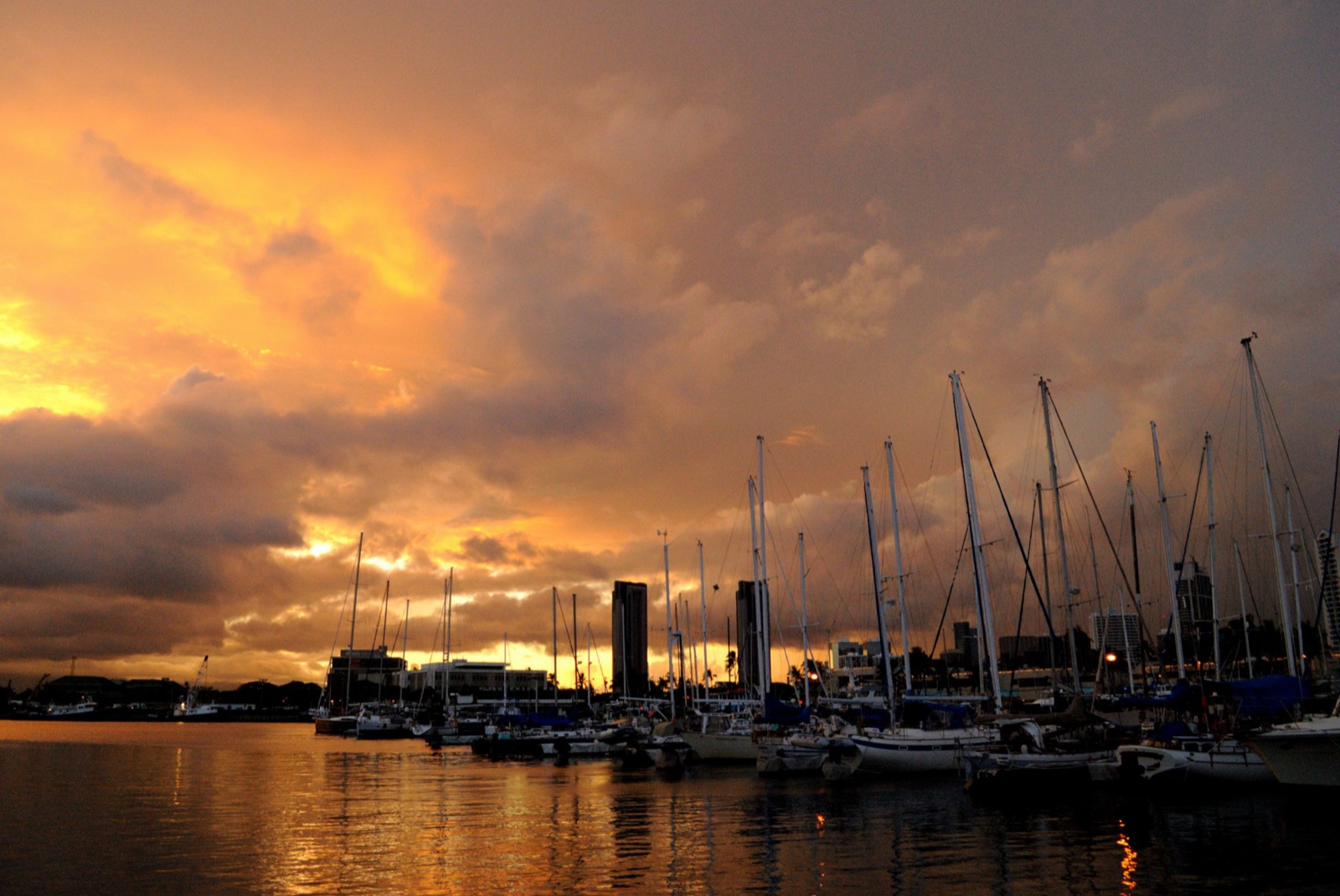 Kewalo Basin harbor at dusk in Honolulu, adjacent to the Ward Village neighborhood