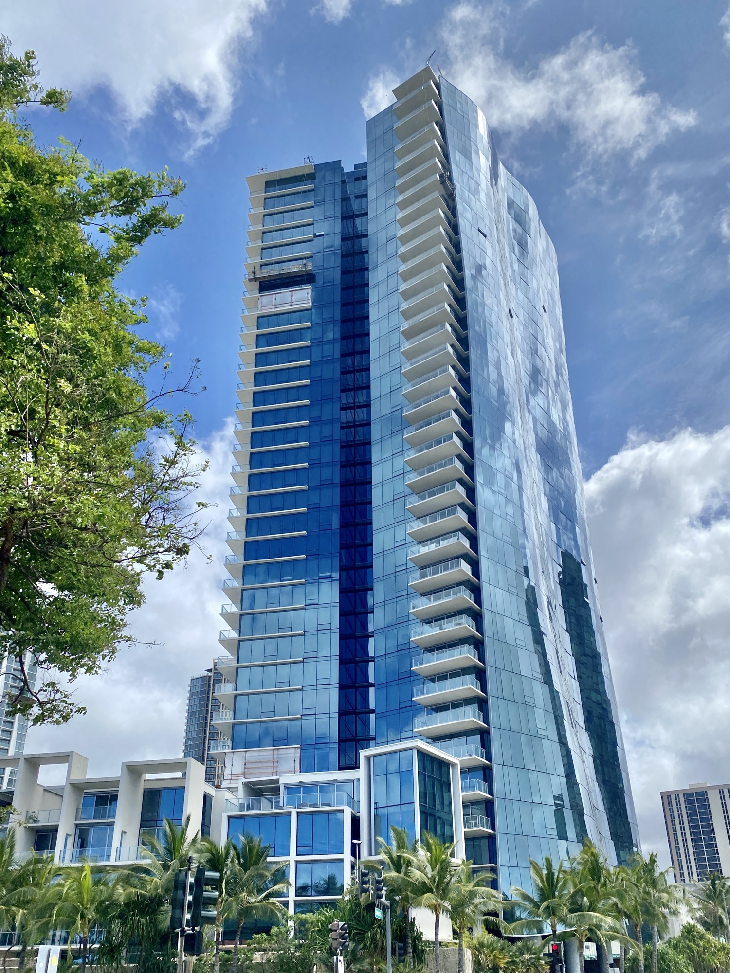Waiea luxury condominium tower facade at Ward Village on Ala Moana Boulevard, Kakaʻako