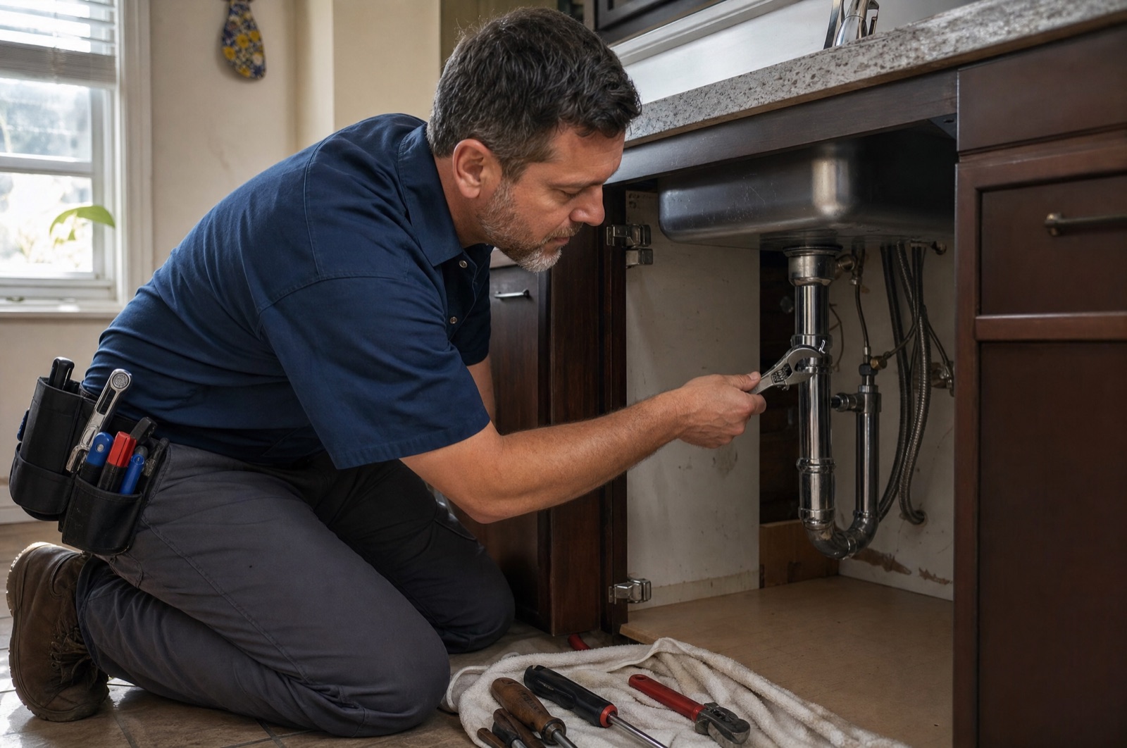 A licensed contractor in work clothes repairing a kitchen fixture inside a residential rental unit