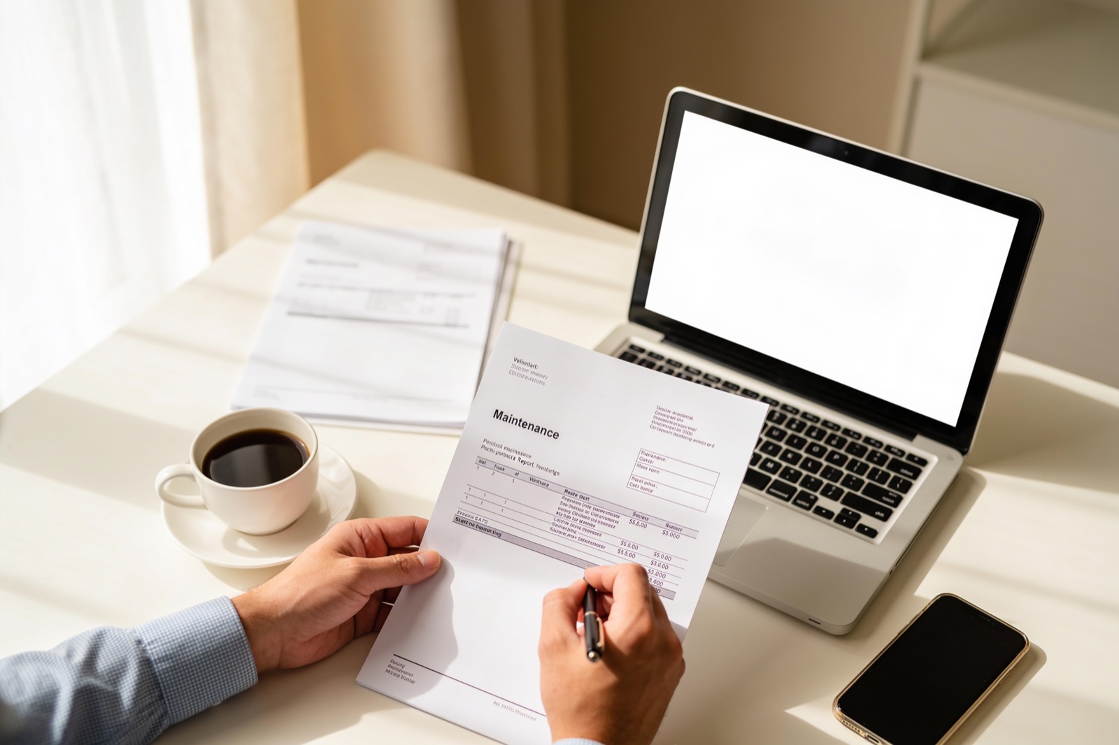 A property manager reviewing a maintenance report at a desk with a laptop and paperwork
