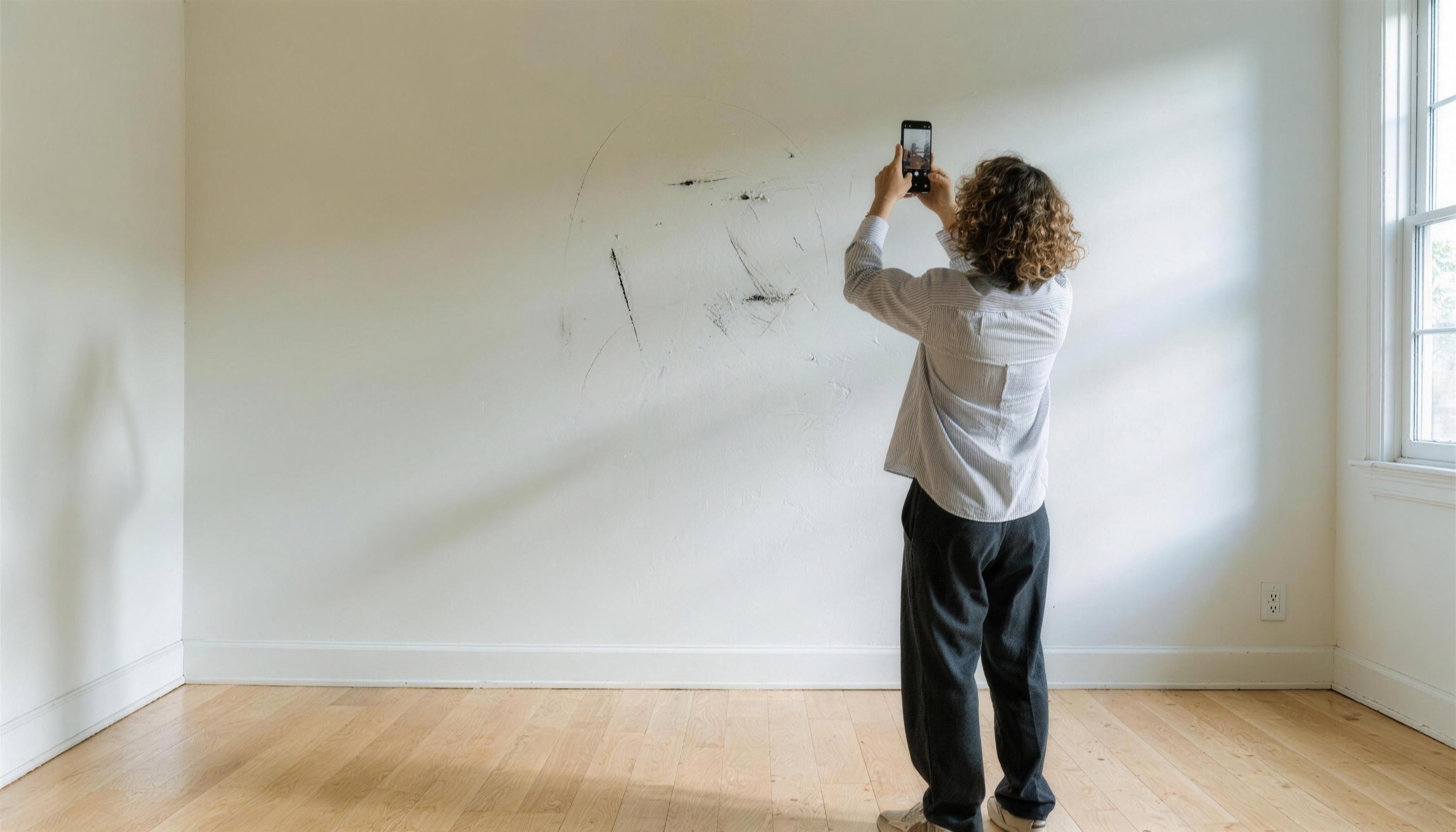 A property manager photographing scuff marks and scratches on the bare wall of an empty Oahu rental unit during a move-out inspection.