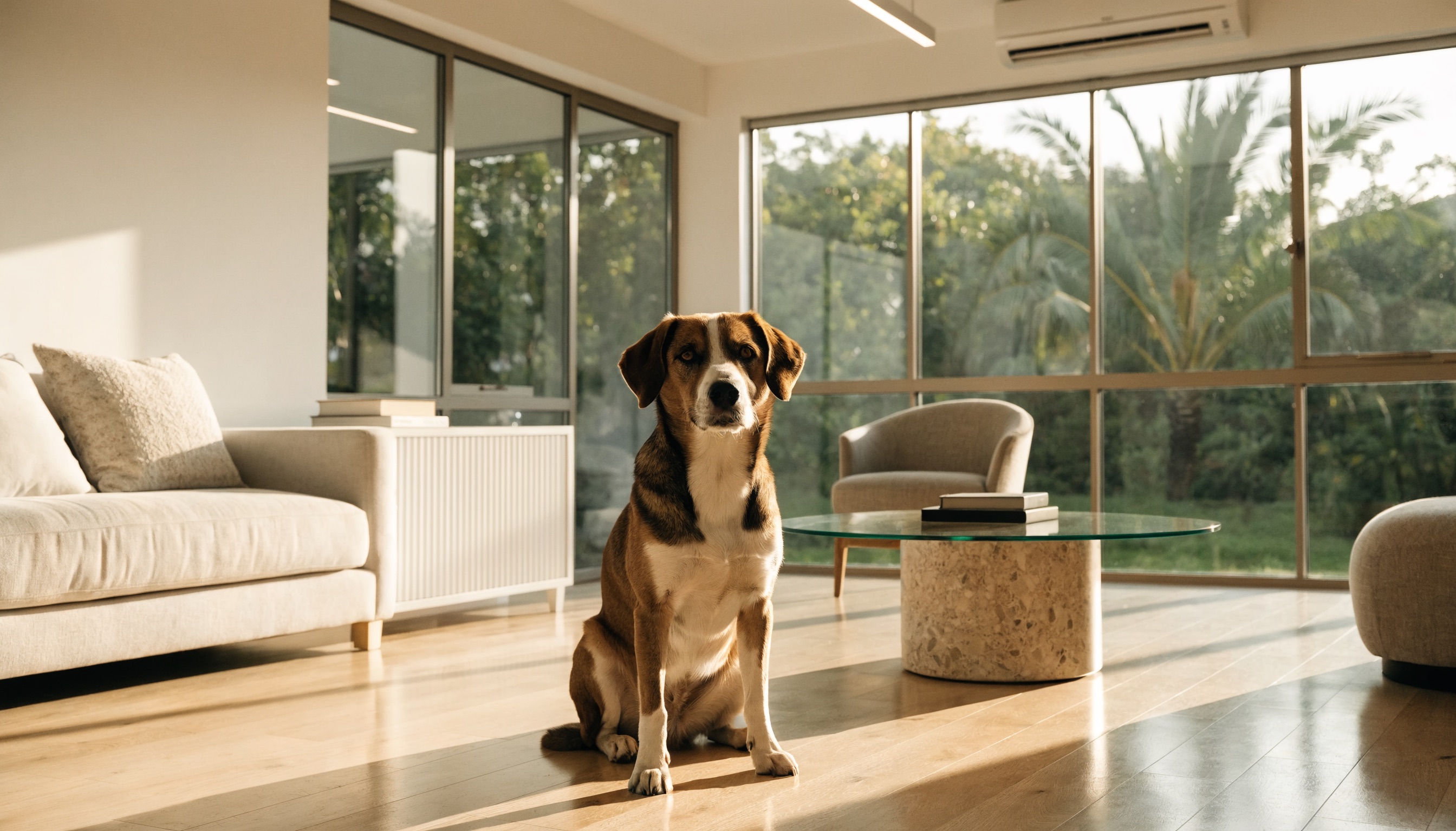 A dog resting in a clean, bright Oahu rental living room.