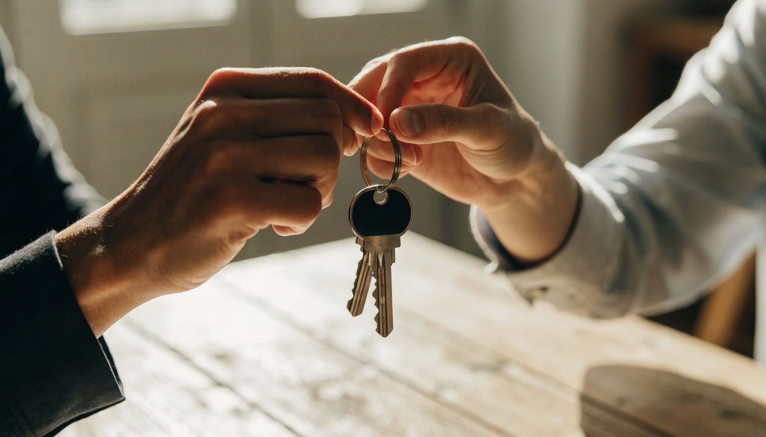 House keys being handed over at a table during a property handover.