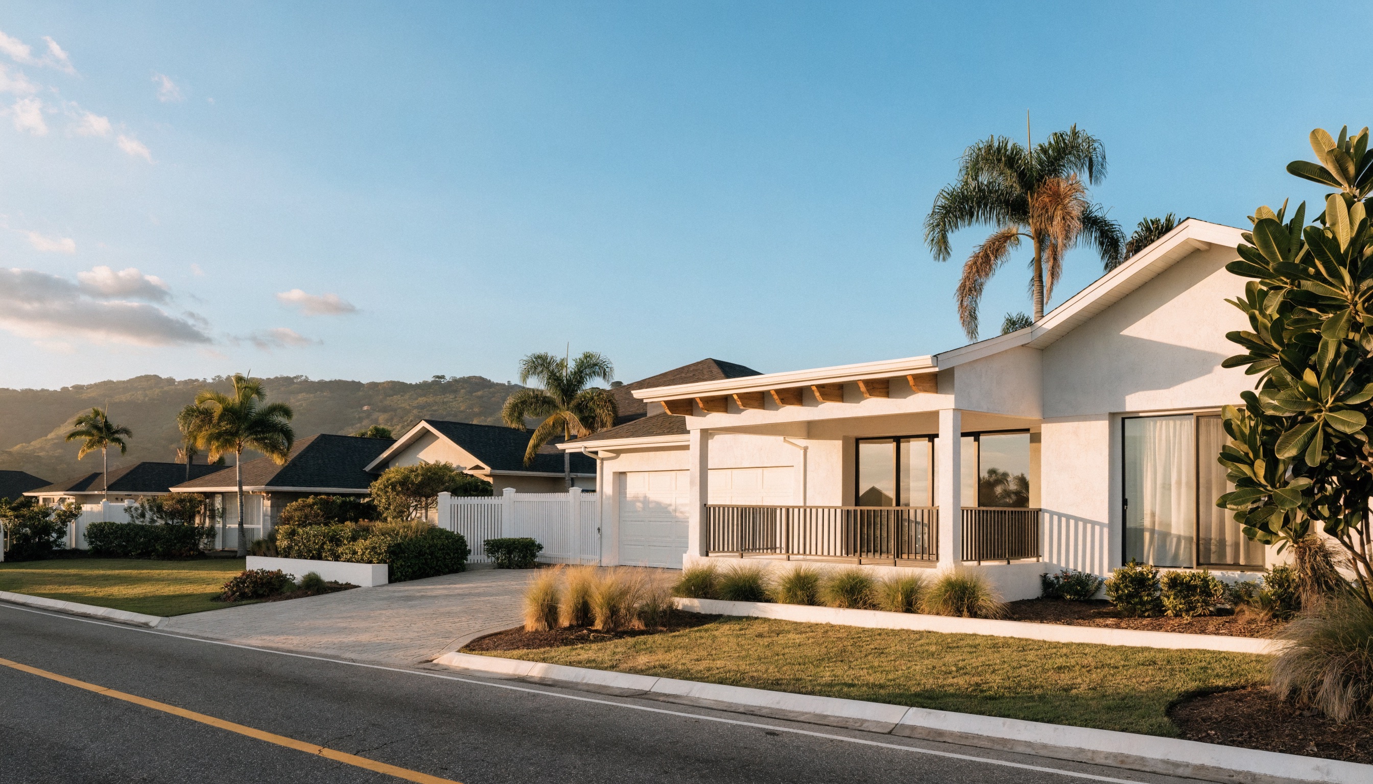 A single-family home on a quiet Oahu residential street in late afternoon light.