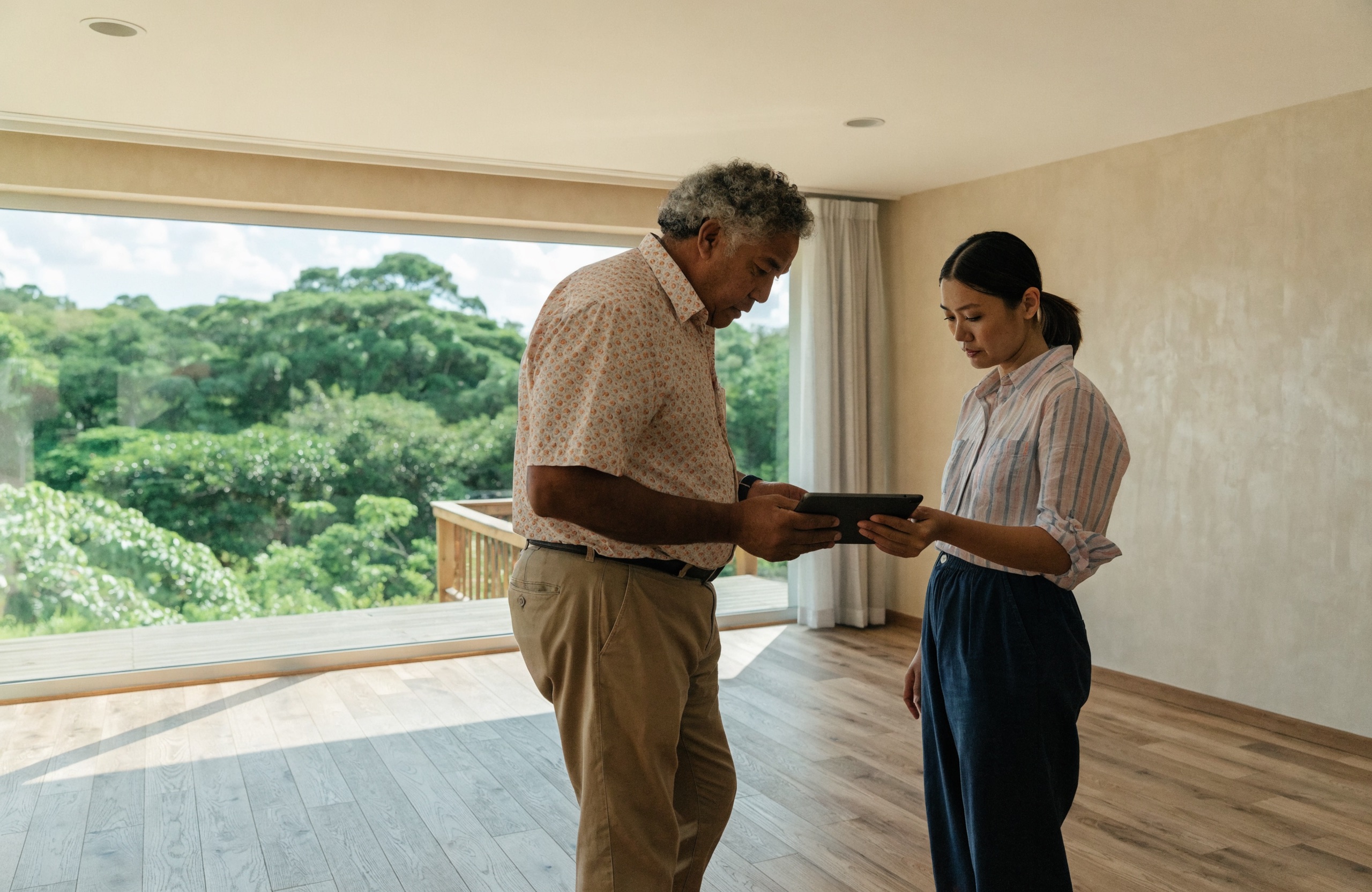 A property manager and a homeowner reviewing an inspection report on a tablet in an empty Oahu rental home.