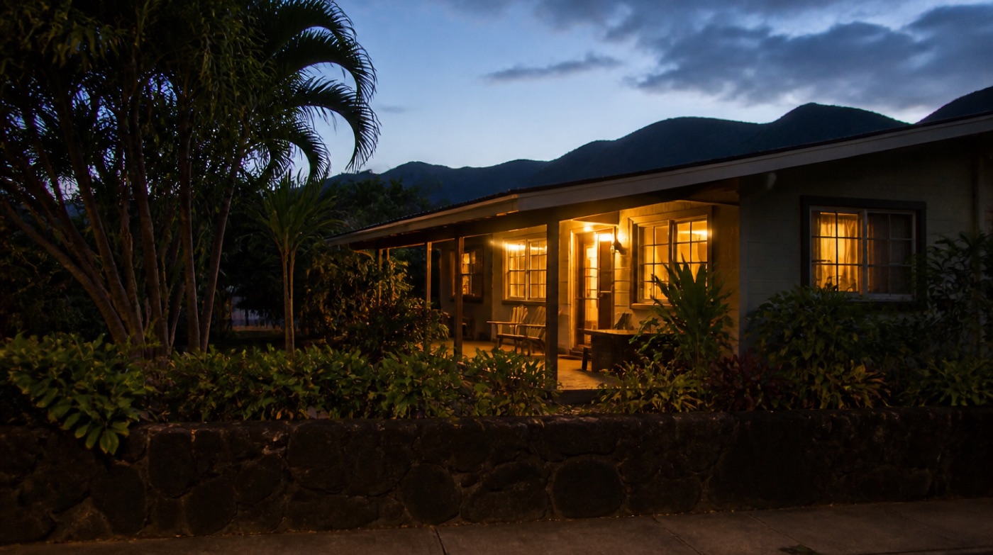 A single-story Oahu rental home at dusk with warmly lit windows, a covered lanai with two chairs, tropical planting and a low lava rock wall in front.