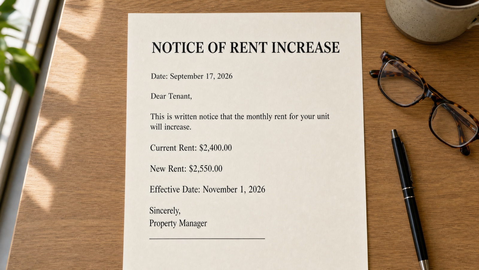 Sample Notice of Rent Increase letter lying on a wooden desk beside reading glasses, a pen and a mug in warm daylight. The printed notice is dated September 17, 2026, is addressed Dear Tenant, and states that the monthly rent for the unit will increase from a current rent of $2,400.00 to a new rent of $2,550.00, effective November 1, 2026, closing with Sincerely, Property Manager above a blank signature line.