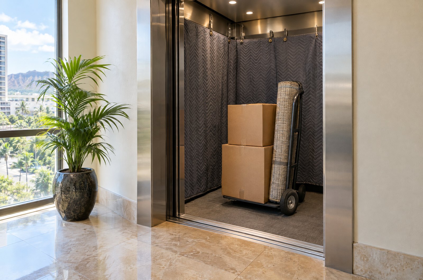 An open service elevator in a condominium lobby, its walls hung with gray quilted moving pads, with plain moving boxes and a rolled rug on a hand truck inside.