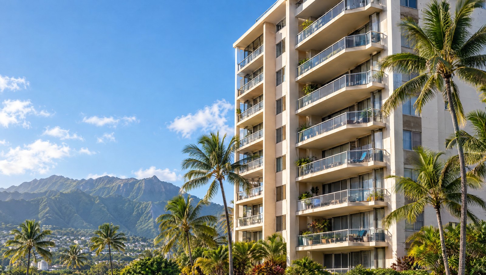 A Honolulu residential condominium tower with stacked lanais and glass railings in bright morning sun, coconut palms at its base and the green Koʻolau ridge under a blue sky behind.