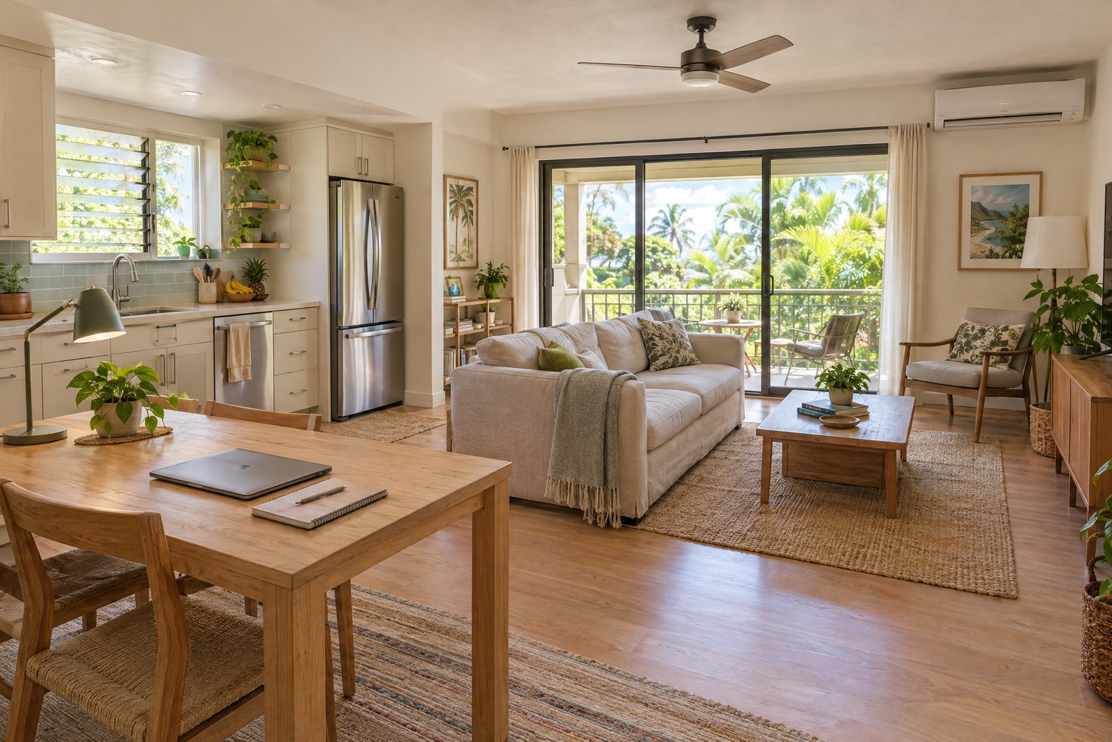 A bright furnished living space with a kitchen and full-size refrigerator, a wood dining table set up as a desk with a laptop and lamp, a sofa, a ceiling fan, a wall-mounted air conditioner and sliding doors to a sunny lanai.