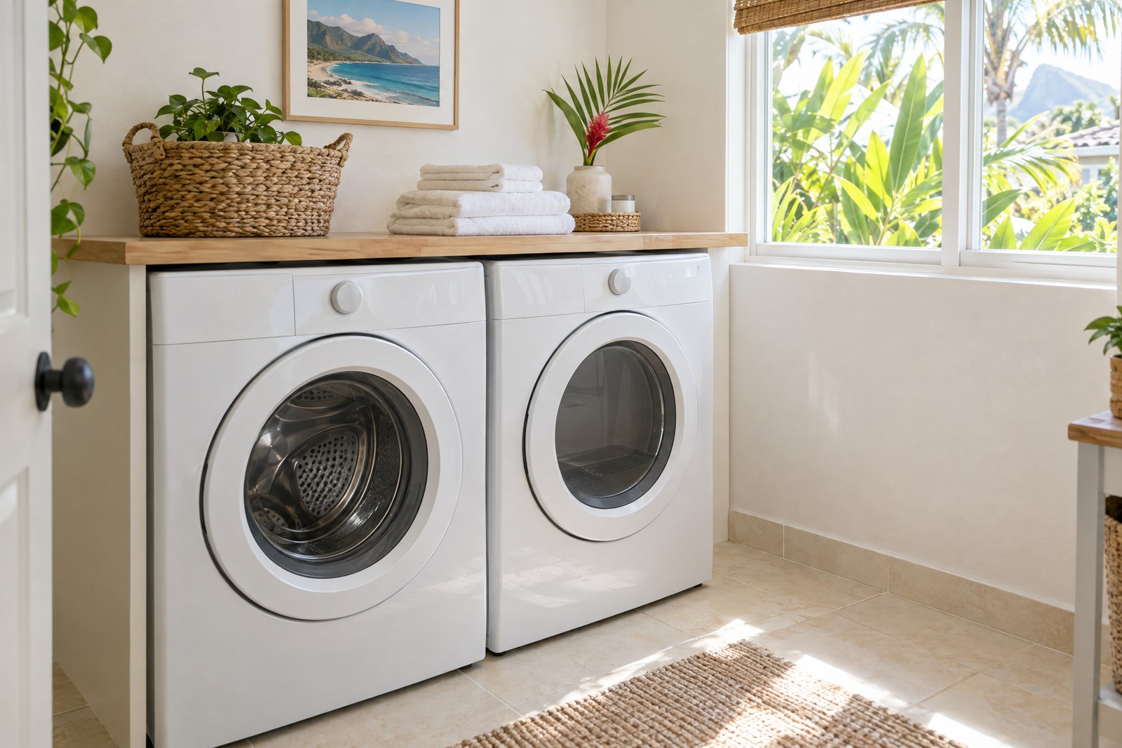A sunlit laundry room with a white front-loading washer and dryer under a wood countertop, folded towels and a woven basket on top, and a window looking out on tropical greenery.