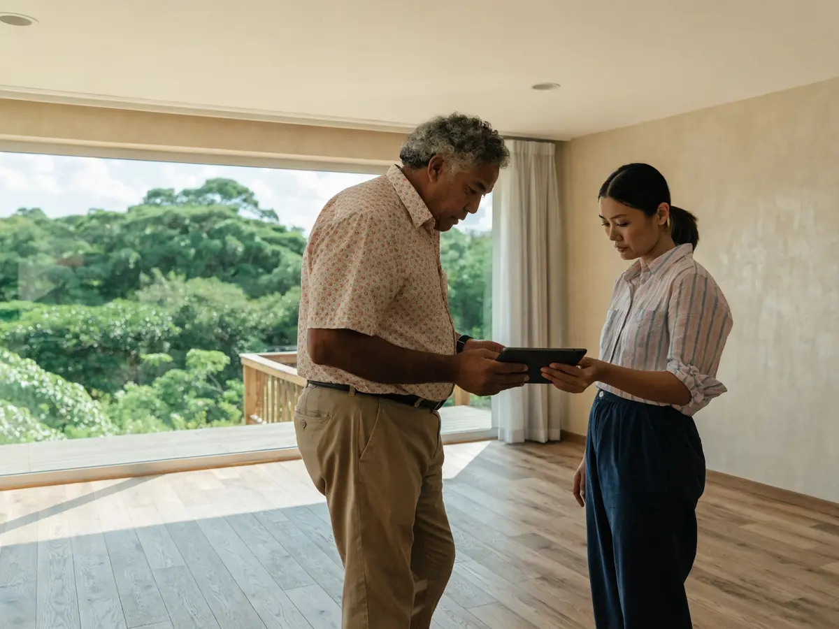 A property manager and a homeowner reviewing an inspection report on a tablet in an empty home